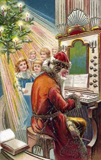 Claus Prints: Santa Claus playing the organ - Christmas Postcard