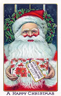 Santa Claus with present on a Christmas postcard