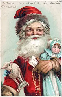 Santa Claus with presents on a Christmas postcard