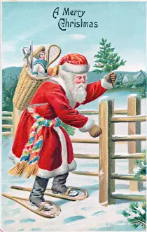 Santa Claus with presents on a Christmas postcard