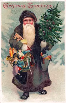 Santa Claus with presents on a Christmas postcard