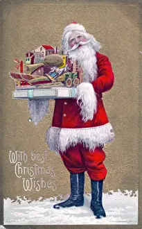 Santa Claus with presents on a Christmas postcard