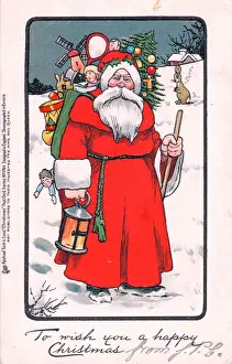 Santa Claus with presents on a Christmas postcard