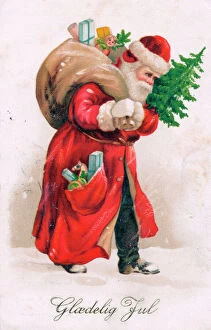 Danish Gallery: Santa Claus with presents on a Danish Christmas postcard