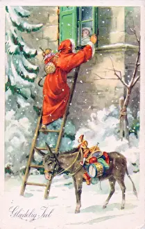 Santa Claus with presents on a Danish Christmas postcard