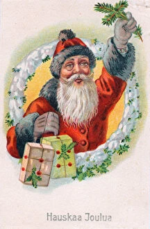 Finnish Gallery: Santa Claus with presents on a Finnish Christmas postcard