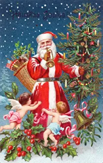 Santa Claus with presents on a Finnish Christmas postcard