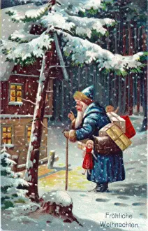 Santa Claus with presents on a German Christmas postcard