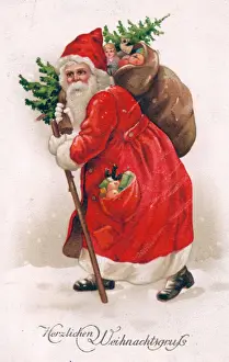 Santa Claus with presents on a German Christmas postcard