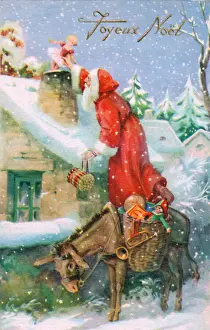 Snowing Prints: Santa Claus riding a donkey on a French Christmas postcard
