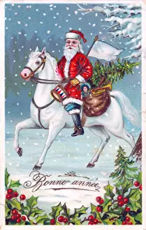 Presents Prints: Santa Claus riding a horse on a French Christmas postcard