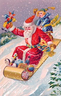 Cold Gallery: Santa Claus riding a sled on a Christmas postcard