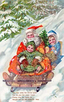 Images Dated 15th June 2018: Santa Claus riding a sled on a Christmas postcard