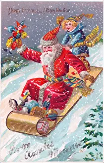Santa Claus riding a sled on a Christmas postcard