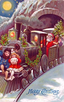 Cold Gallery: Santa Claus riding on a train on a Christmas postcard