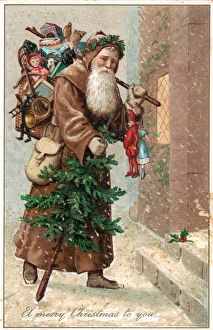 Cold Gallery: Santa Claus with his sack on a Christmas postcard