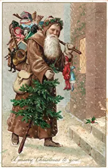 Presents Prints: Santa Claus with his sack on a Christmas postcard