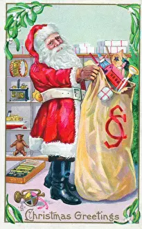 Santa Claus with his sack on a Christmas postcard