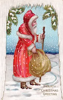 Santa Claus with his sack on a Christmas postcard