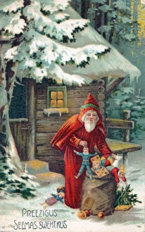 Cabin Collection: Santa Claus with his sack on a Latvian Christmas postcard