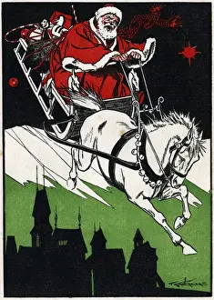 Claus Prints: Santa Claus and sleigh pulled by white horse