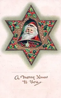 Santa Claus with star and bell on a Christmas postcard
