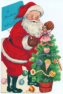 Santa Claus with tree on a Christmas card