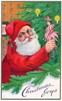 Santa Claus with tree on a Christmas postcard