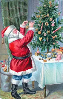 Santa Claus with tree on a Christmas postcard