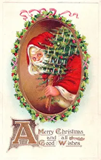 Santa Claus with tree on a Christmas postcard
