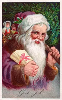 Santa Claus with tree on a Danish Christmas postcard