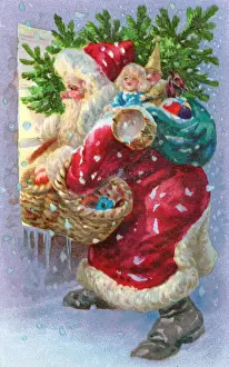 Santa Claus at a window on a Christmas postcard