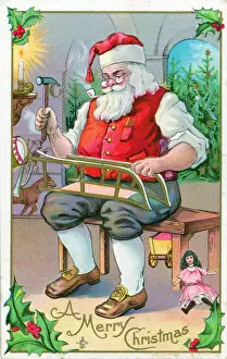 Santa Claus in his workshop on a Christmas postcard