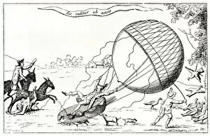 Satirical cartoon, Blanchard landing in a field