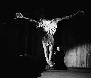Scene from the John Osborne play, Luther at the Royal Court Theatre with the crucifixion figure designed by Jocelyn Herbert, the theatre designer who had a long association with productions at the Royal Court. Date: 1961