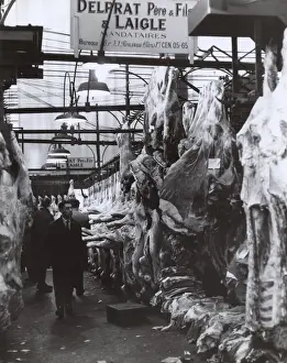 Scene in the meat market at Les Halles, Paris, France
