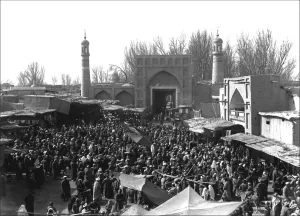 Xinjiang Prints: Scene outside a mosque in Kashgar, western China