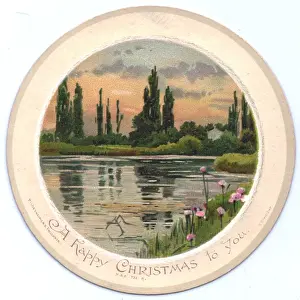 Scene on a river on a circular Christmas card