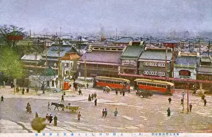 Scene over the rooftops of Tokyo, Japan - with trams