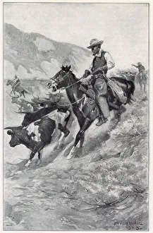 Cowboys Prints: Scene during a round-up. Date: 1905