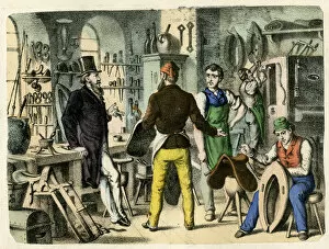 Scene in a saddlery workshop