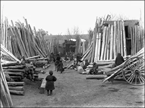 Xinjiang Prints: Scene in a timber yard, Kashgar, western China