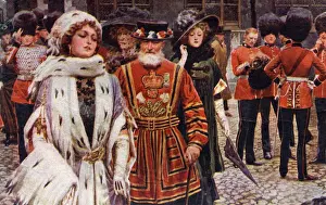 Scene at the Tower of London with female visitors in the company of a Yeoman of the Guard