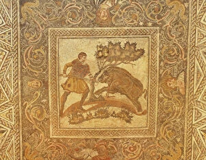 Iberian Collection: Scene of wild boar hunt, mosaic uncovered in Merida (Augusta