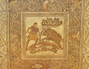 Antique Prints: Scene of wild boar hunt, mosaic uncovered in Merida (Augusta