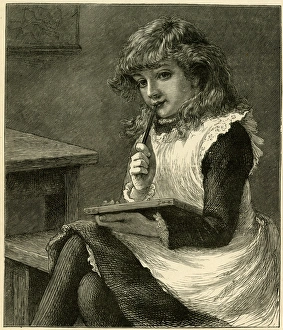 Images Dated 17th March 2017: Schoolgirl wondering what to write on her slate