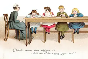 Schoolgirls and teacher on a Christmas card