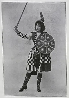 Scottish female dancer, kilt, sporran, sword, shield