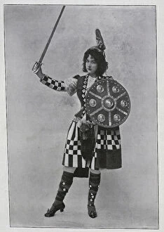 Sporran Collection: Scottish female dancer, kilt, sporran, sword, shield