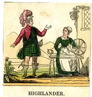 Scottish Highlander and woman spinning